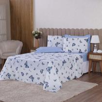 Jogo De Lençol Beatriz Casal 4 Peças Percal 180 Fios 100% Algodão Ponto Palito - Azul Borboleta
