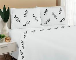 Jogo de Lençol Belissima King 4 Peças Bordado Micropercal Branco com Preto Jogo de Lençol Belissima King 4 Peças Bordado Micropercal Branco com Preto