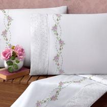 Jogo de Lençol Bouquet Bordado Queen 04 Peças Branco