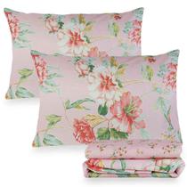 Jogo De Lençol Cama Queen 140 Fios 4 Peças Betina Flores Salmão Estampado Basic Andreza