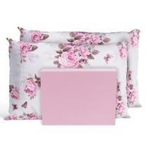 Jogo De Lençol Cama Queen 3 Peças Percal Rosas Rosa - Casa Home