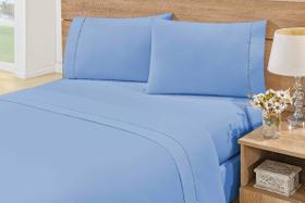 Jogo de Lençol Casal 3 Peças Percal 180 Fios Ponto Palito - Azul - Reliquias do Interior