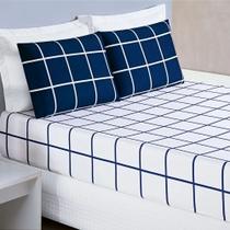 Jogo de lençol casal 3pç- micropercal 200 fios - grid azul