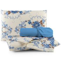 Jogo de lençol Casal 4 Peças Cama Queen 180 Fio Floral Azul