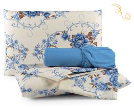 Jogo de lençol Casal 4 Peças Cama Queen 180 Fio Floral Azul