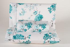 Jogo de Lençol Casal em Percal Estampado 100 Algodão 2 Fronha Ponto Palito BRANCO COM FLOR AZUL