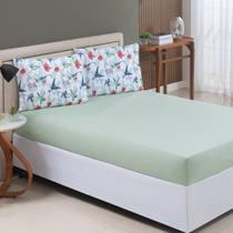 Jogo de Lençol Casal Estampado 100% Algodão com Elástico Malha Macia 03 Peças Verde Musgo