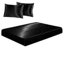 Jogo De Lençol Casal King Cetim Seda Preto 3 Peças