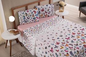 Jogo de Lençol Casal Padrão 4 Peças Borboletas Roupa de Cama Percal 100% Algodão