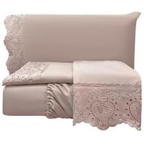 Jogo de Lençol Casal Padrão Bordado Ingles 300 Fios Nupcias 4 Peças - Malva - Micropercal - 100% Poliester
