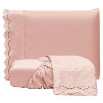 Jogo de Lençol Casal Padrão Bordado Ingles Micropercal 300 Fios Toque de Algodão 3 Peças - Rose