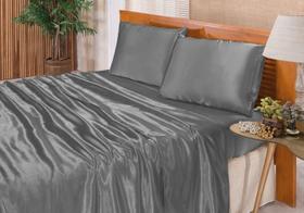 Jogo De Lençol Casal Queen Cetim Seda Alto Brilho 4 Peças Cor:Cinza
