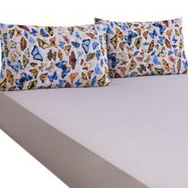 Jogo de Lençol Casal Queen Malha 100% Algodão 03 Peças Com Elástico Borboleta