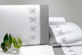 Jogo de Lençol Casal Queen Papilons Bordado 4 Peças Percal 200 Fios - Branco/Cinza