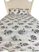 Jogo de Lençol Casal Super King 3 Peças Floral Cinza Roupa de Cama Percal 100% Algodão