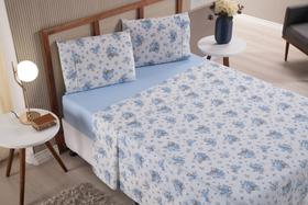 Jogo de Lençol Casal Super King 3 Peças Ramalhete Azul Roupa de Cama Percal 100% Algodão