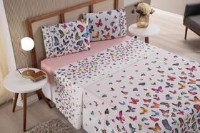 Jogo de Lençol Casal Super King 4 Peças Borboletas Roupa de Cama Percal 100% Algodão