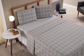 Jogo de Lençol Casal Super King 4 Peças Grid Cáqui Roupa de Cama Percal 100% Algodão