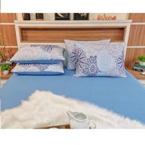 Jogo de Lençol com Fronha Casal Cor Azul Camitalia 100% Algodão Fio 30/1 Com Elástico Linha Trento