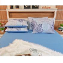 Jogo de Lençol com Fronha Solteiro Cor Azul Camitalia 100% Algodão Fio 30/1 Com Elástico Linha Trento