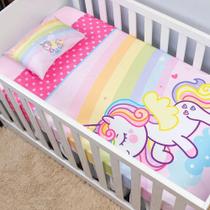 Jogo De Lençol De Berço 3 Peças Bebê Unicórnio Arco Íris