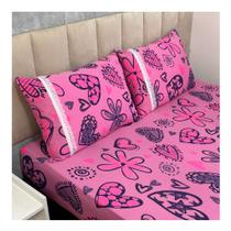 Jogo de Lençol de Malha Queen 3 peças Estampado 100% Algodão Elástico Fronha c/ Zíper