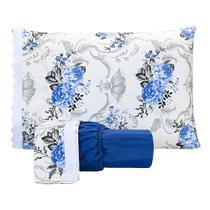 Jogo De Lençol Estampado Casal King 03 Peças Flores Azul Escuro - Bordados Finos