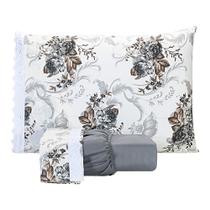 Jogo De Lençol Estampado Casal King 03 Peças Flores Cinza
