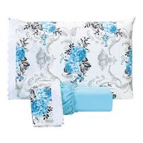 Jogo De Lençol Estampado Casal Queen 03 Peças Flores Azul Claro MICROPERCAL