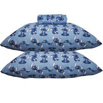 Jogo de Lençol KazzaVip Casal Malha Mista 70% Algodão e 30% Poliéster Estampado Disney Stitch Blue Kids 3 Peças Azul
