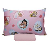 Jogo de Lençol KazzaVip Solteiro Malha 100% Algodão Play Disney Coração de Princesas 02 Peças Rosa