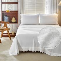 Jogo de Lençol King 4 Pçs 300 Fios Percal Bordado Branco