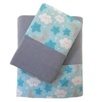 Jogo de Lençol Mini Cama 100% Algodão Estrelar Azul com Malha Cinza Arrumadinho Enxovais