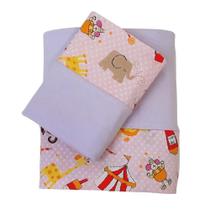 Jogo de Lençol Mini Cama 3 Peças Malha 100% Algodão Circo Rosa com Malha Lilás Arrumadinho Enxovais Jogo de Lençol Mini Cama 3 Peças Malha 100% Algodão Circo Rosa com Malha Lilás Arrumadinho Enxovais