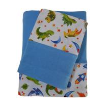 Jogo de Lençol Mini Cama 3 Peças Malha 100% Algodão Dino Espacial Azul Arrumadinho