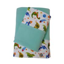 Jogo de Lençol Mini Cama 3 Peças Malha 100% Algodão Dino Espacial Verde Arrumadinho