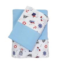 Jogo de Lençol Mini Cama 3 Peças Malha 100% Algodão Nautico Azul Arrumadinho Enxovais