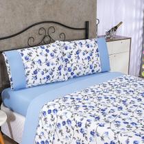 Jogo de Lençol Queen 04 Peças Estampado Azul Florido