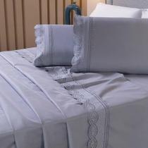 Jogo de Lençol Queen 200 fios 3 Peças Bordado Inglês com Lese