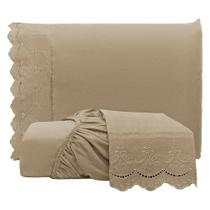 Jogo De Lençol Queen Bordado Ingles Micropercal 300 Fios Toque De Algodão 3 Peças - Chocolate