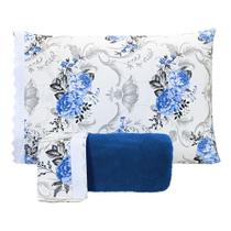 Jogo De Lençol Queen Manta Soft Com Elástico 3 Peças - Flores Azul Escuro