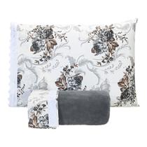 Jogo De Lençol Queen Manta Soft Com Elástico 3 Peças - Flores Cinza Jogo De Lençol Queen Manta Soft Com Elástico 3 Peças - Flores Cinza