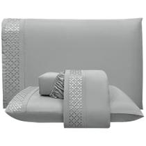 Jogo De Lençol Queen Quadratto Bordado 300 Fios Micropercal 4 Peças Cinza - 100% Poliester