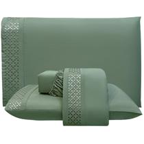 Jogo de Lençol Queen Quadratto Bordado 300 Fios Micropercal 4 Peças Verde - 100% Poliester