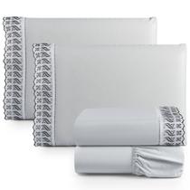 Jogo de Lençol Queen Suave Barrado Lese 4 Peças Barato - Cinza - 100% Algodão