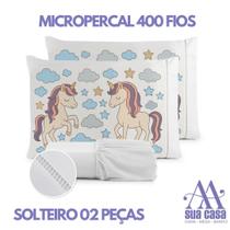 Jogo de Lençol Solteiro 2 Peças Micropercal 400 Fios Ponto Palito Estampa Unicórnio