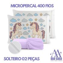 Jogo de Lençol Solteiro 2 Peças Micropercal 400 Fios Ponto Palito Estampa Unicórnio