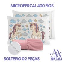 Jogo de Lençol Solteiro 2 Peças Micropercal 400 Fios Ponto Palito Estampa Unicórnio
