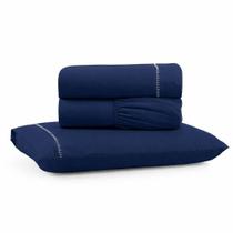 Jogo De Lençol Solteiro Premium Soft 600 Fios Micropercal Azul Marinho Ponto Palito Toque Macio 3 Peças