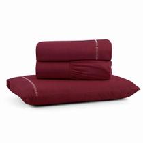 Jogo De Lençol Solteiro Premium Soft 600 Fios Micropercal Bordô Ponto Palito Toque Macio 3 Peças